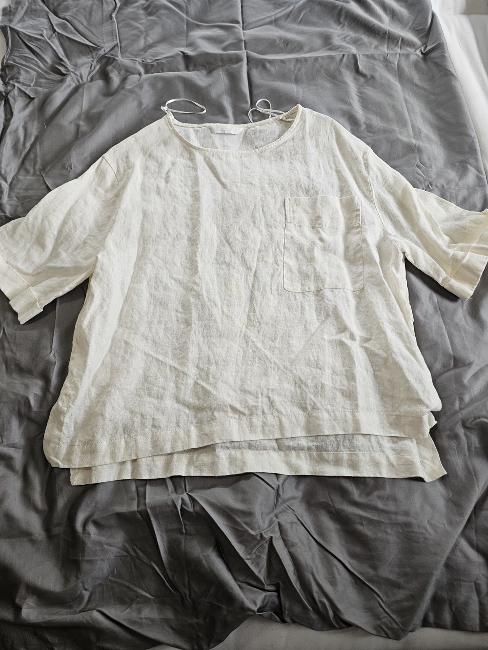 Zara Linen Blend Short Sleeve Pocket Top in Cream Size M MADE IN MOROCCO